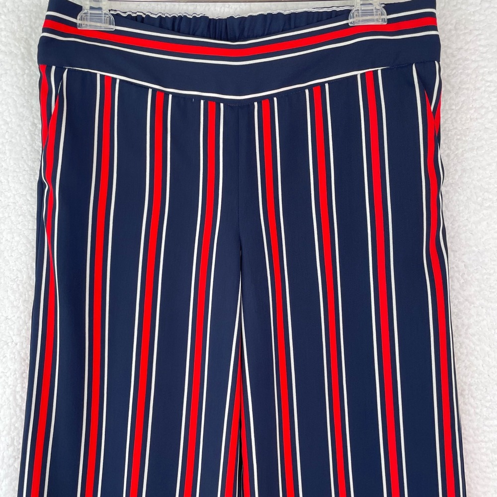 Cynthia Rowley Womens Navy Red White Striped Wide Leg Pants Size 8 Elastic Back